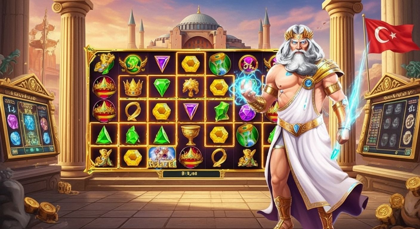 Antik Yunan tapınağı atmosferinde modern slot arayüzü ve Zeus figürü