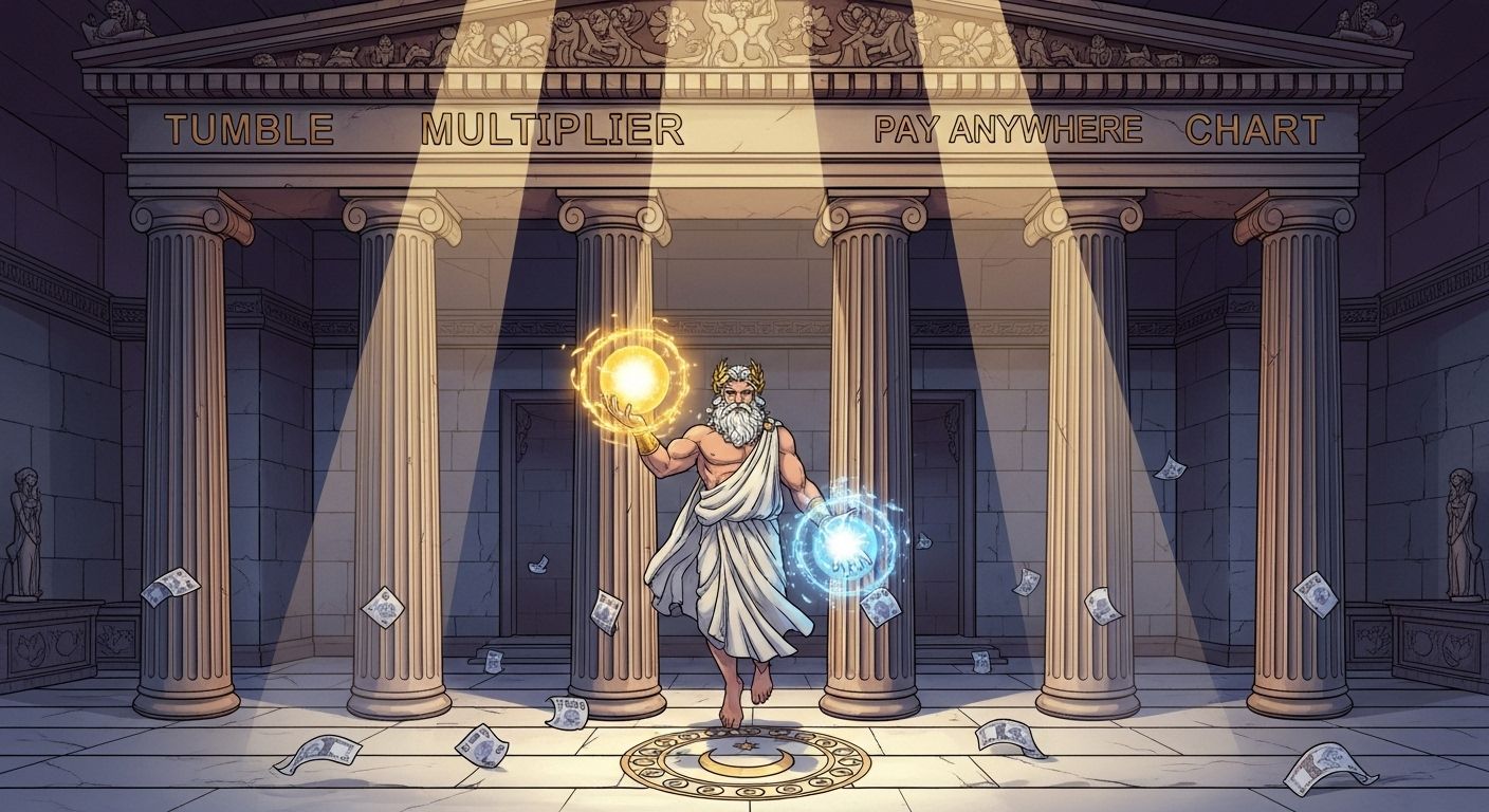 Oyunun dört avantajını simgeleyen tapınak temalı illüstrasyon